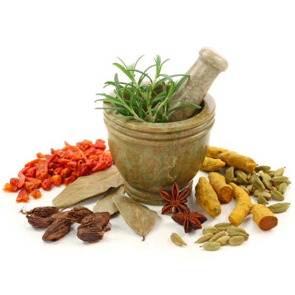 Mortar with fresh rosemary and dried spices